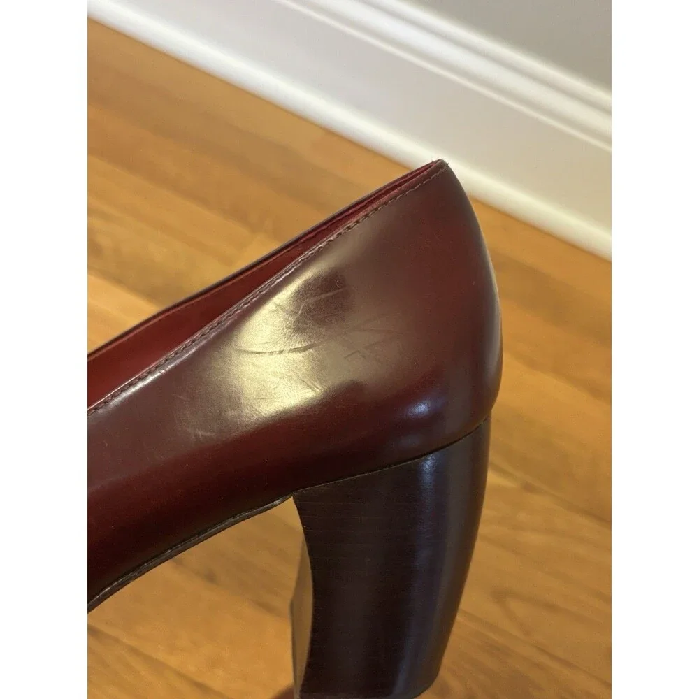 Tory Burch Burgundy Buckle Loafers Curved Block Heels Wild Berry Leather 10 - Picture 14 of 16